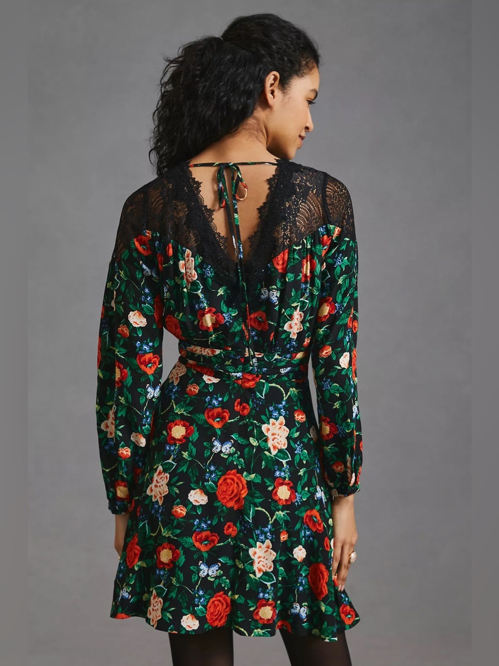 Anthropologie Lacy V-Neck Floral Mini Long Sleeve Lace Detail Boho A-Line dress - Picture 5 of 13